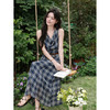 鹿向南「格韵时光」法式复古蓝格连衣裙女夏新款气质荡领无袖裙子 商品缩略图4