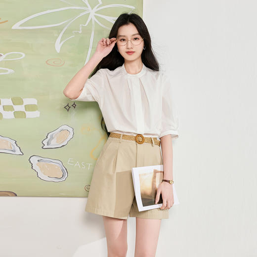 三彩2026夏季新款白衬衫宽松中袖立领衬衣上衣通勤气质简约S 商品图1