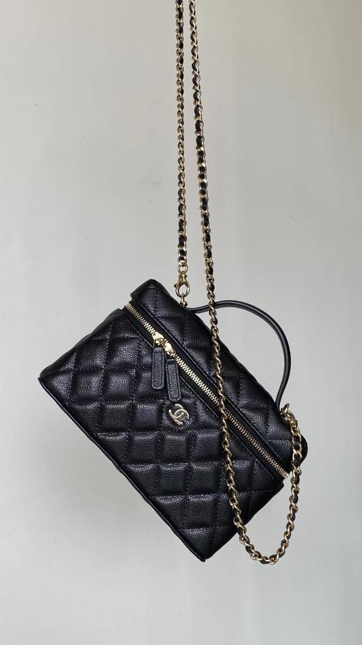 F031038斜纹丝绸混纺面料内里黑色香槟金扣链条手拎盒子包 商品图0