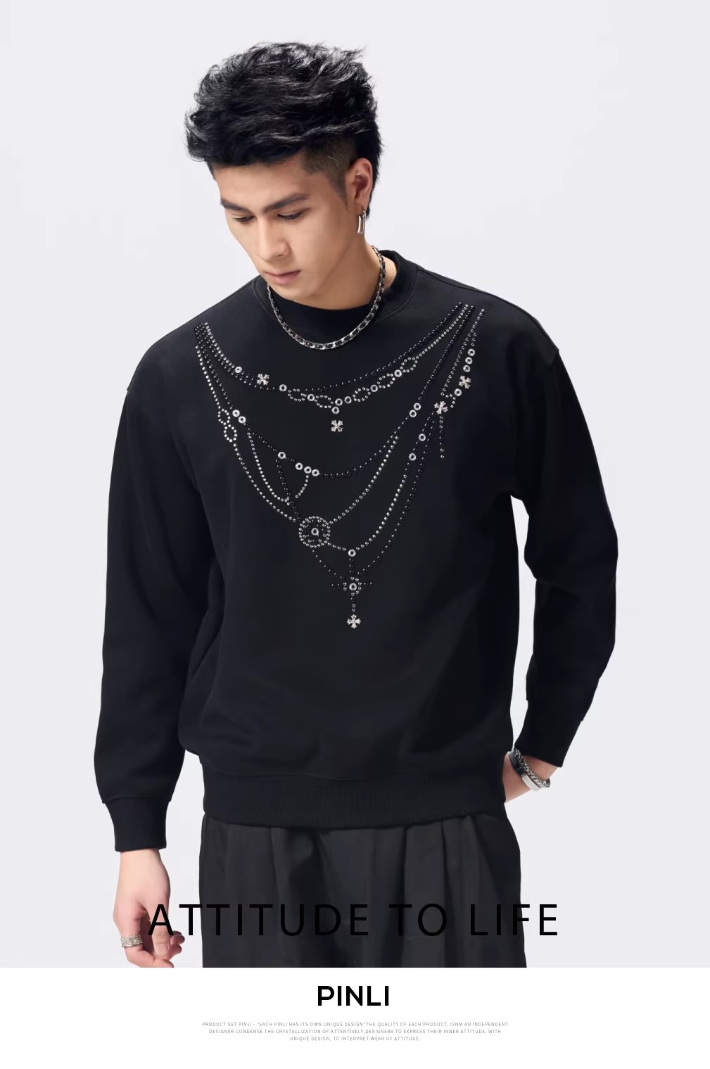 PINLI品立2026春季新款男士圆领宽松落肩袖烫钻套头休闲上衣上衣潮牌BG262109006