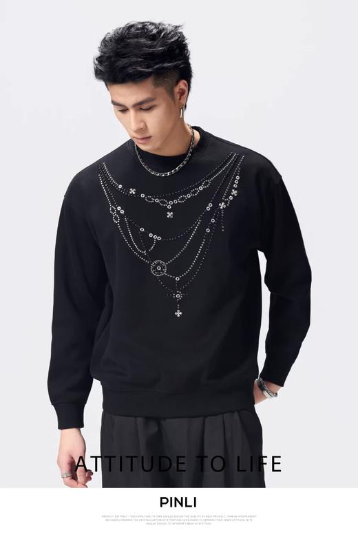 PINLI品立2026春季新款男士圆领宽松落肩袖烫钻套头休闲上衣上衣潮牌BG262109006 商品图0