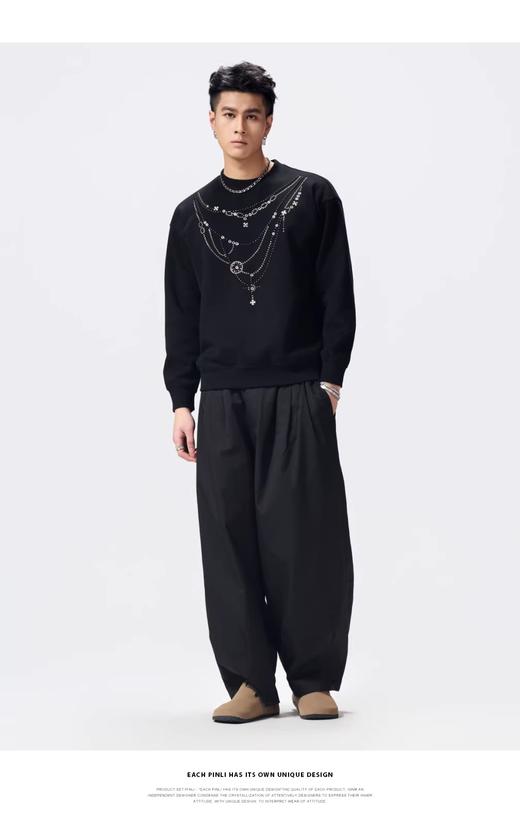 PINLI品立2026春季新款男士圆领宽松落肩袖烫钻套头休闲上衣上衣潮牌BG262109006 商品图10