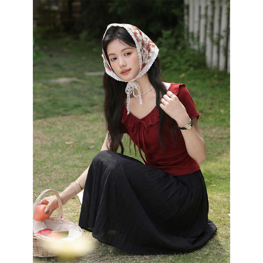 鹿向南「樱桃信笺」酒红色短袖T恤春季新款时尚设计感百搭上衣女 商品图3