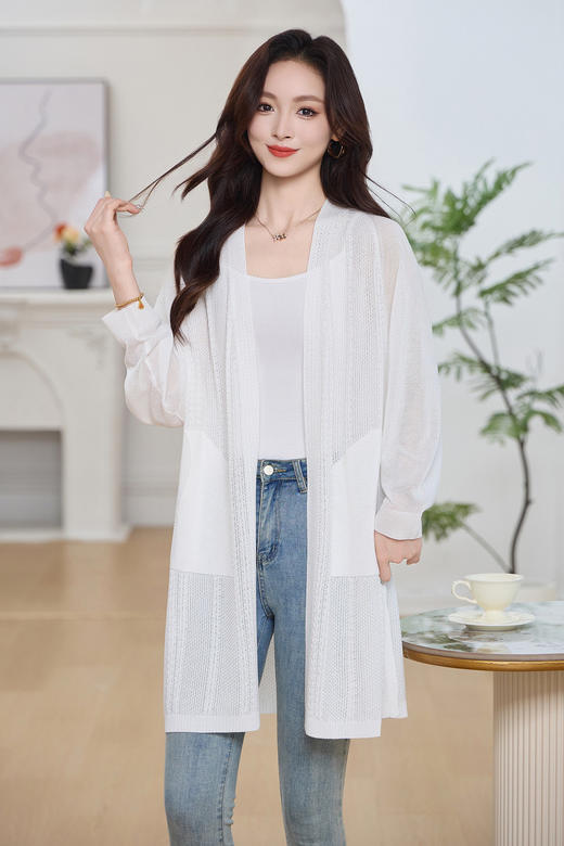 SC1E03_绀蝶色/凝脂色/漆黑色_针织衫_春季_无领镂空提花口袋中长款宽松长袖_高级女装_BERNIEELEN 伯妮斯茵 商品图1