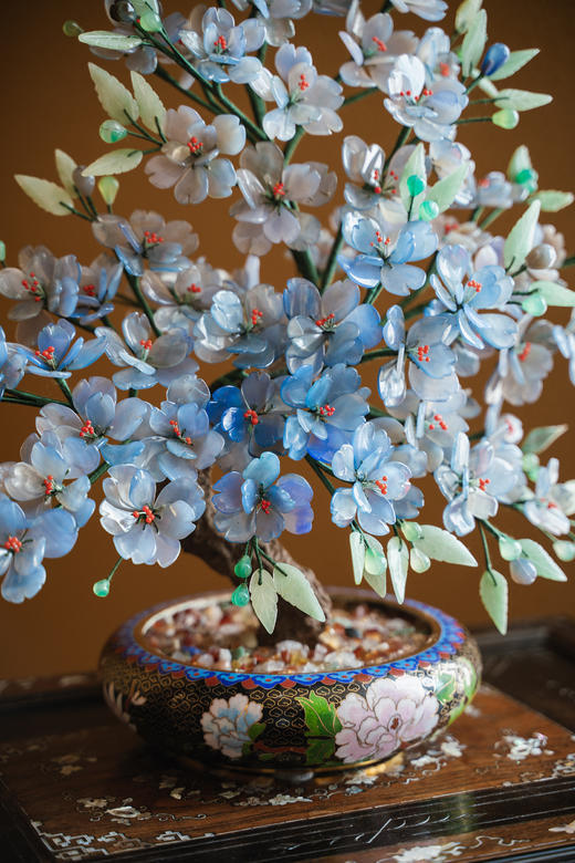 独角鹿西洋古董中国出品宝相花纹景泰蓝盆装饰「蓝韵碧桃」珍宝像生盆景 商品图2