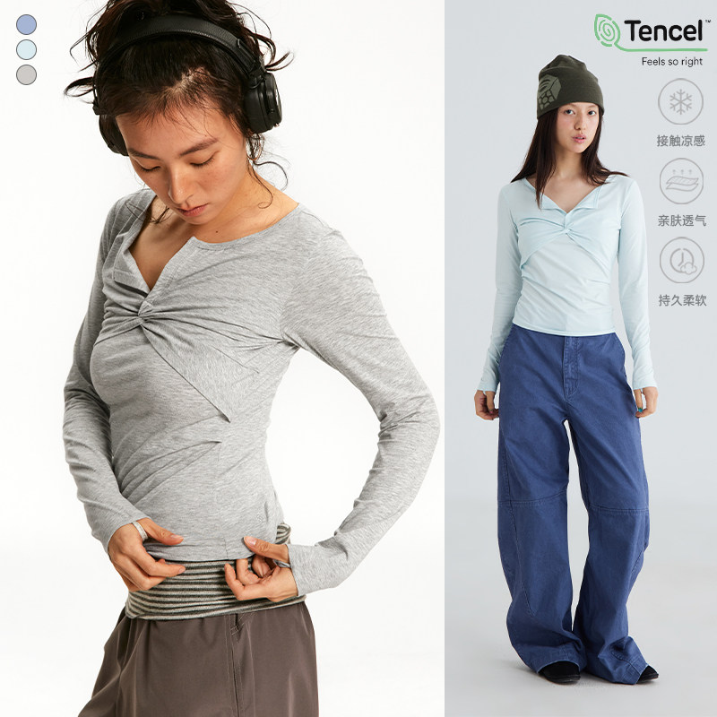 CryingCenter 兰精莫代尔V领扭结上衣休闲普拉提长袖 哭喊中心