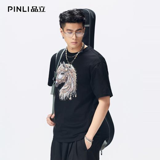 PINLI品立2026夏季新款男士马年烫画烫钻圆领落肩短袖T恤上衣潮牌BG262111016 商品图3