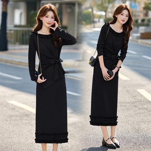 优雅风套装两件套洋气春季新女装不对称系带上衣木耳边拼接两件套SNX3229 商品图1