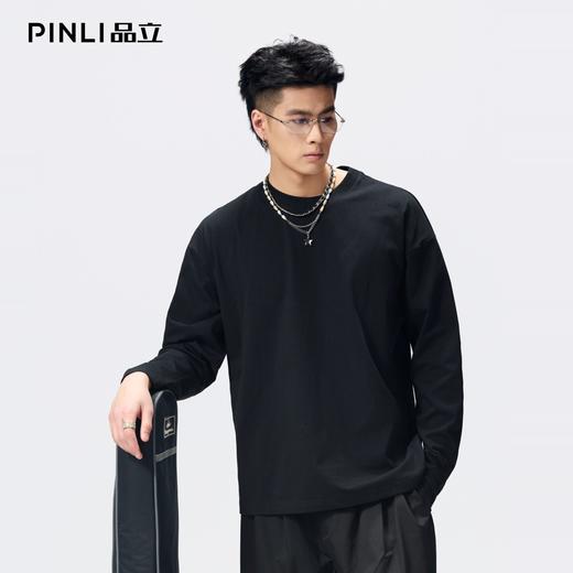 PINLI品立2026春季新款男士宽松打底上衣圆领落肩索罗娜长袖T恤潮GD262111021 商品图0