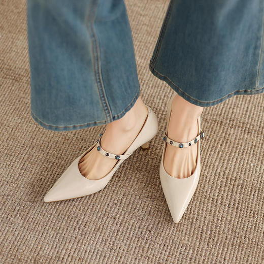 阿么手工女鞋法式细跟一字带尖头高跟鞋6.5CM春季新款浅口单鞋女 商品图4