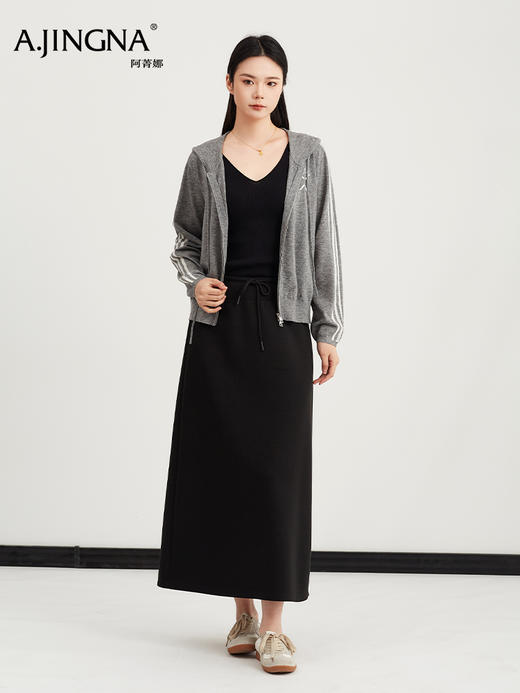 【韩系休闲】阿菁娜春季新款连帽拉链开衫双杠条纹撞色织带抽绳设计韩系休闲运动感拉满F31C318010 商品图1