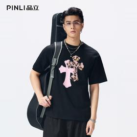 PINLI品立2026夏季新款青年十字架撞色贴布圆领短袖T恤上衣潮牌男BG262111013