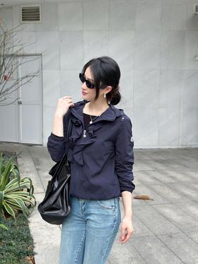 蒙口 立体荷叶边连帽风衣外套