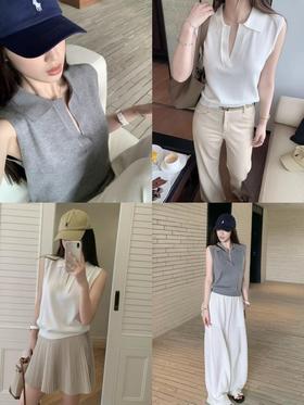 二店y 【9345】松弛老钱风polo领无袖羊毛背心针织上衣