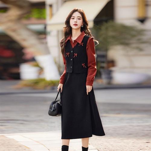 早春新款法式穿搭一整套连衣裙学院风气质减龄假两件裙子ZLF27112 商品图1