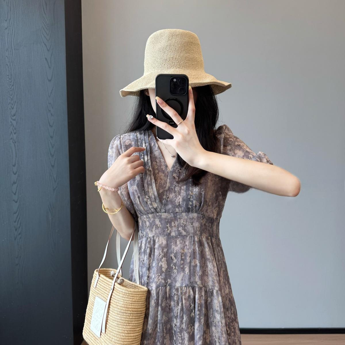 【上身美到冒泡！超绝气质感的印花雪纺收腰连衣裙】气质印花雪纺连衣裙法式