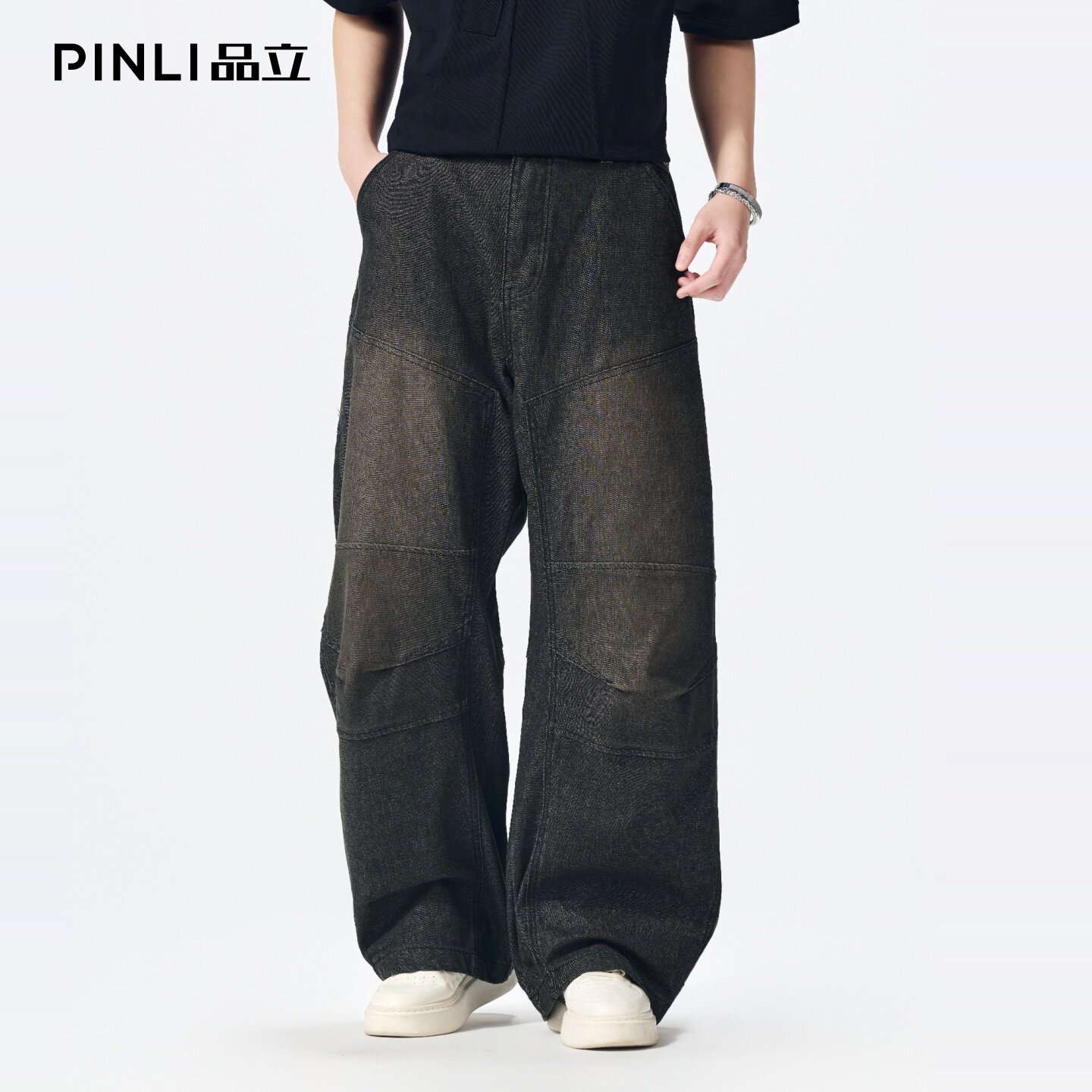PINLI品立2026春季新款男士宽松阔腿裤水洗直筒休闲牛仔长裤潮牌GD262116018