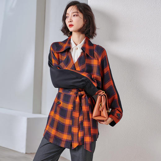 剩M/L/XL/XXL 拼接撞色格子收腰系带风衣【69.9%聚酯纤维/橙色】 商品图2