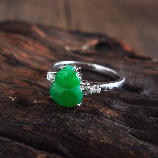 【天然正品】A货翡翠AU750白金镶钻镶天然细腻糯冰种满绿葫芦（福禄平安）翡翠戒指15号（戒圈可改）280226NJT23 商品图3