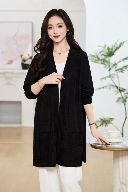 SC1E03_绀蝶色/凝脂色/漆黑色_针织衫_春季_无领镂空提花口袋中长款宽松长袖_高级女装_BERNIEELEN 伯妮斯茵 商品图2