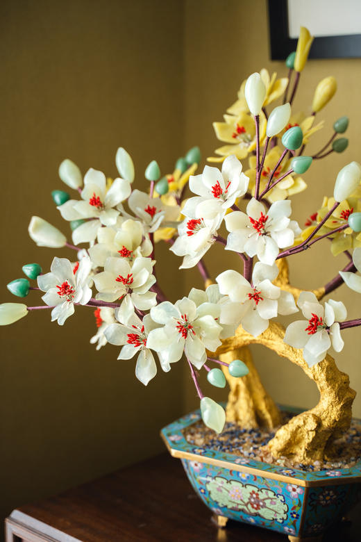 独角鹿西洋古董中国出品宝相花纹景泰蓝盆装饰「金枝玉堂」珍宝像生盆景一对 商品图6