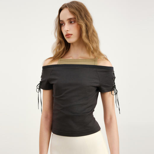 lost in echo2026春夏新款时髦一字肩绑带修身显瘦T恤短袖上衣 商品图3