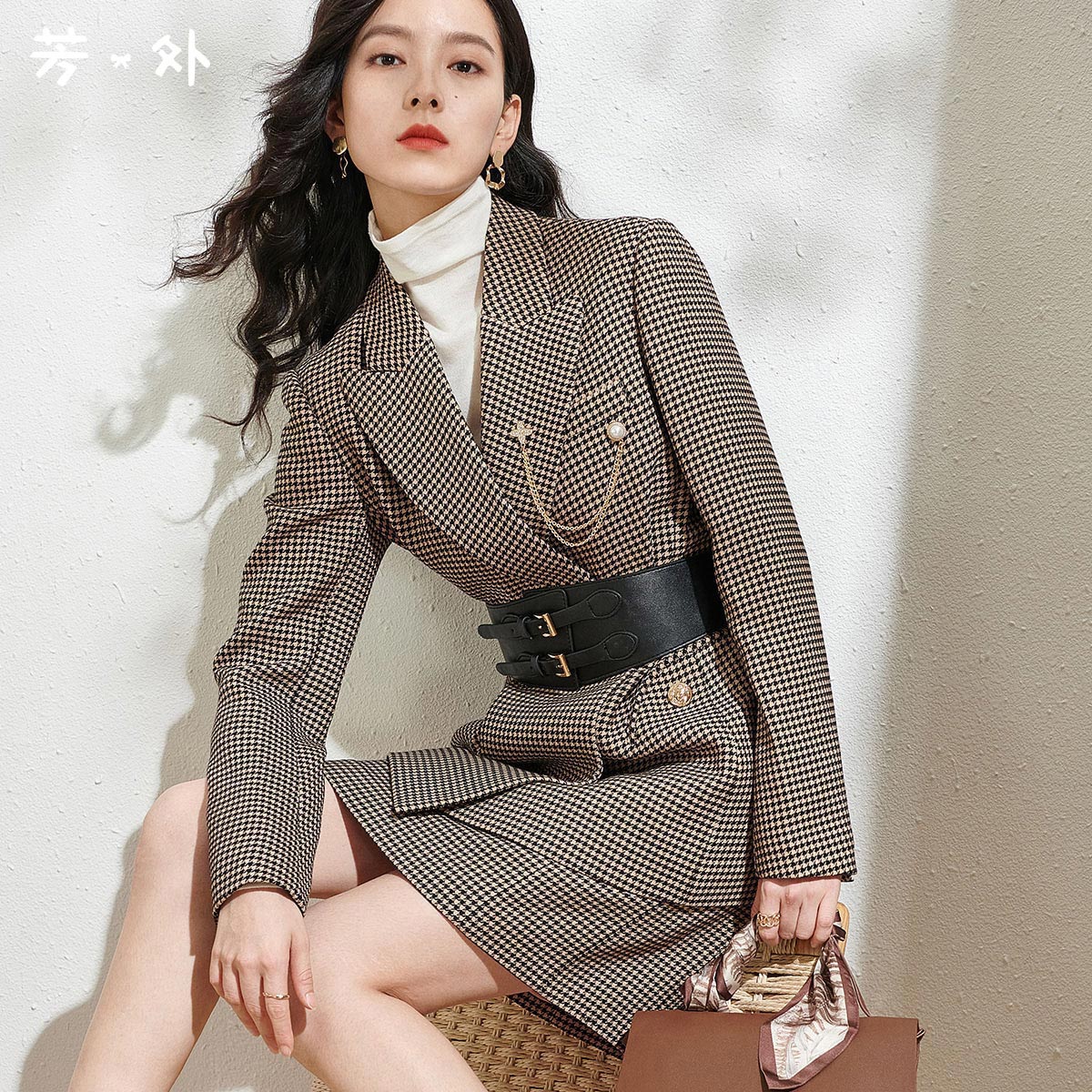 剩S/M/L 芳外春季新款复古经典千鸟格小西装外套宽松中长款西服女1970