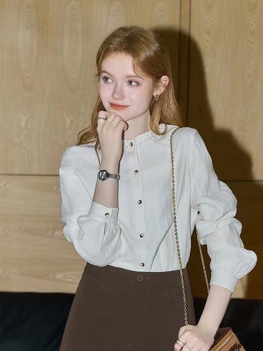 F031001早春新款法式气质百搭亚麻木耳边立领长袖衬衫 商品图8