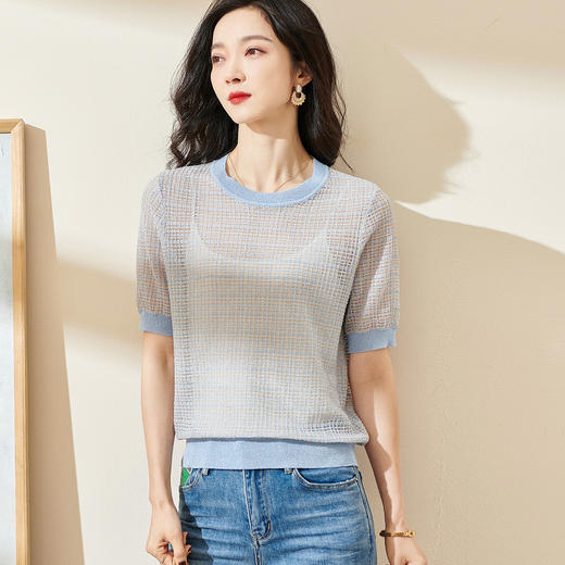 剩S/M/L/XL 米思阳2026春季新款简约淡雅色短袖上衣休闲宽松透视针织衫女0616 商品图1