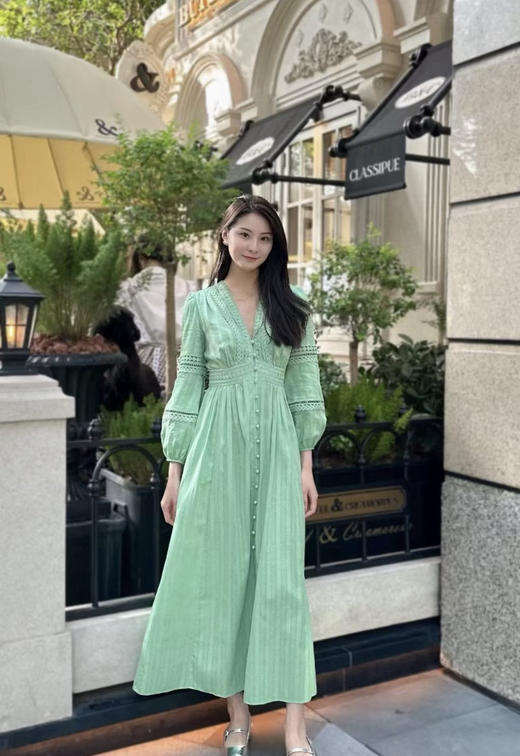 310-12 活色生香 渠道货 D*F 26新色茶歇裙 重工法式 前襟纽扣 对比棉连衣裙 藏肉显瘦 商品图12