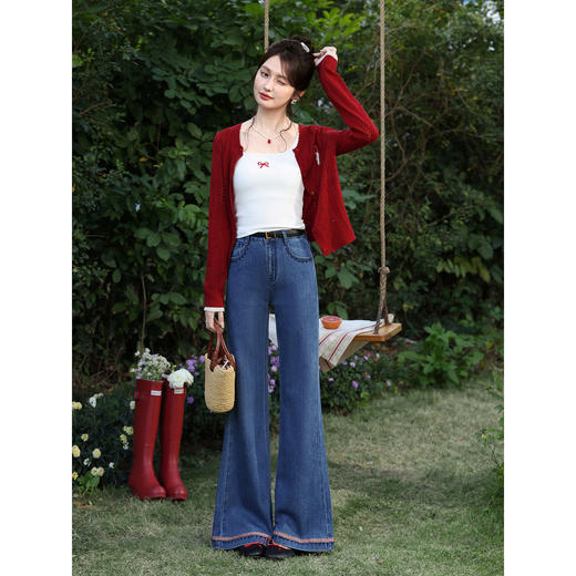 鹿向南「南法漫舞」复古蓝色微喇牛仔裤女春季新款显瘦垂感长裤子 商品图1