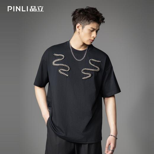 PINLI品立2026春季新款男士潮牌宽松圆领贴车织带休闲短袖T恤上衣B262111020 商品图3