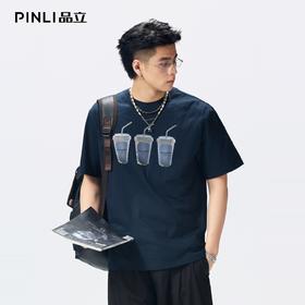 PINLI品立2026夏季新款印花烫钻圆领短袖T恤男士体恤潮牌上衣BG262111012