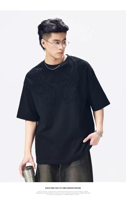 PINLI品立2026夏季新款男士宽松圆领激光烧花短袖T恤休闲上衣潮牌GD262111016 商品图0