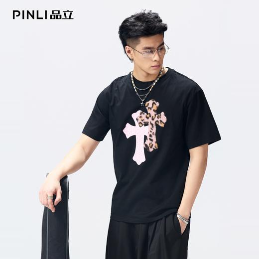 PINLI品立2026夏季新款青年十字架撞色贴布圆领短袖T恤上衣潮牌男BG262111013 商品图3