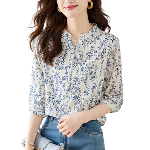 新中式青花瓷小碎花衬衫 春夏国风纯棉上衣别致减龄衬衣 商品图4