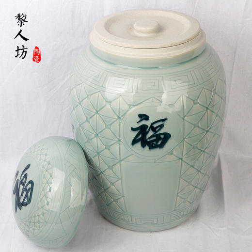 双层盖大号骨灰罐 福禄双全直身大口影青陶瓷捡骨罐 商品图3