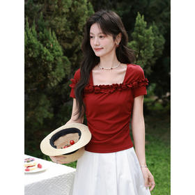 鹿向南「蔓野玫瑰」法式方领红色T恤女夏季新款显瘦气质短袖上衣