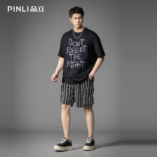 PINLI品立2026春季新款男士潮牌圆领落肩袖字母绣花短袖T恤上衣潮B262111010 商品图1