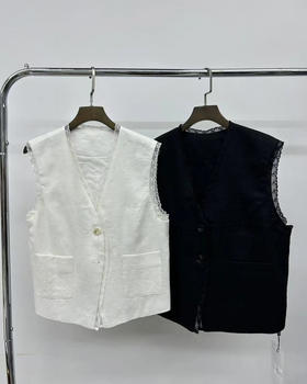 原单新款100%亚麻老钱风蕾丝捆边碰撞背心马甲外套