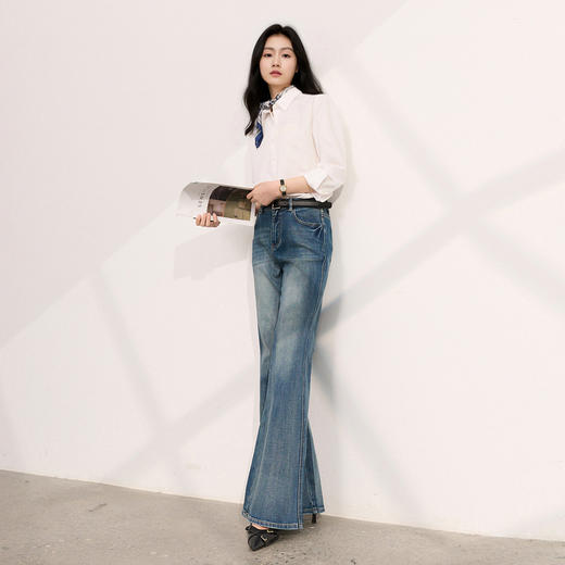 三彩2026夏季新款休闲牛仔裤高腰长裤简约复古水洗喇叭裤微喇裤M 商品图1