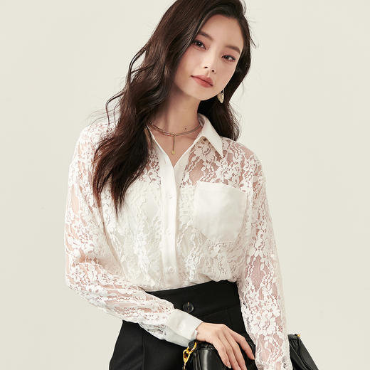 剩S/M/L/XL 芳外春季新款气质淑女蕾丝衬衣镂空设计感白色长袖衬衫女0234 商品图1