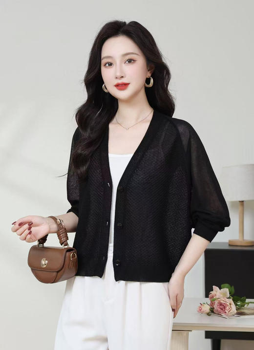 SC1E05_凝脂色/杨妃色/赤金色_针织衫_春夏_V领单排扣镂空肌理感七分袖_高级女装_BERNIEELEN 伯妮斯茵 商品图3