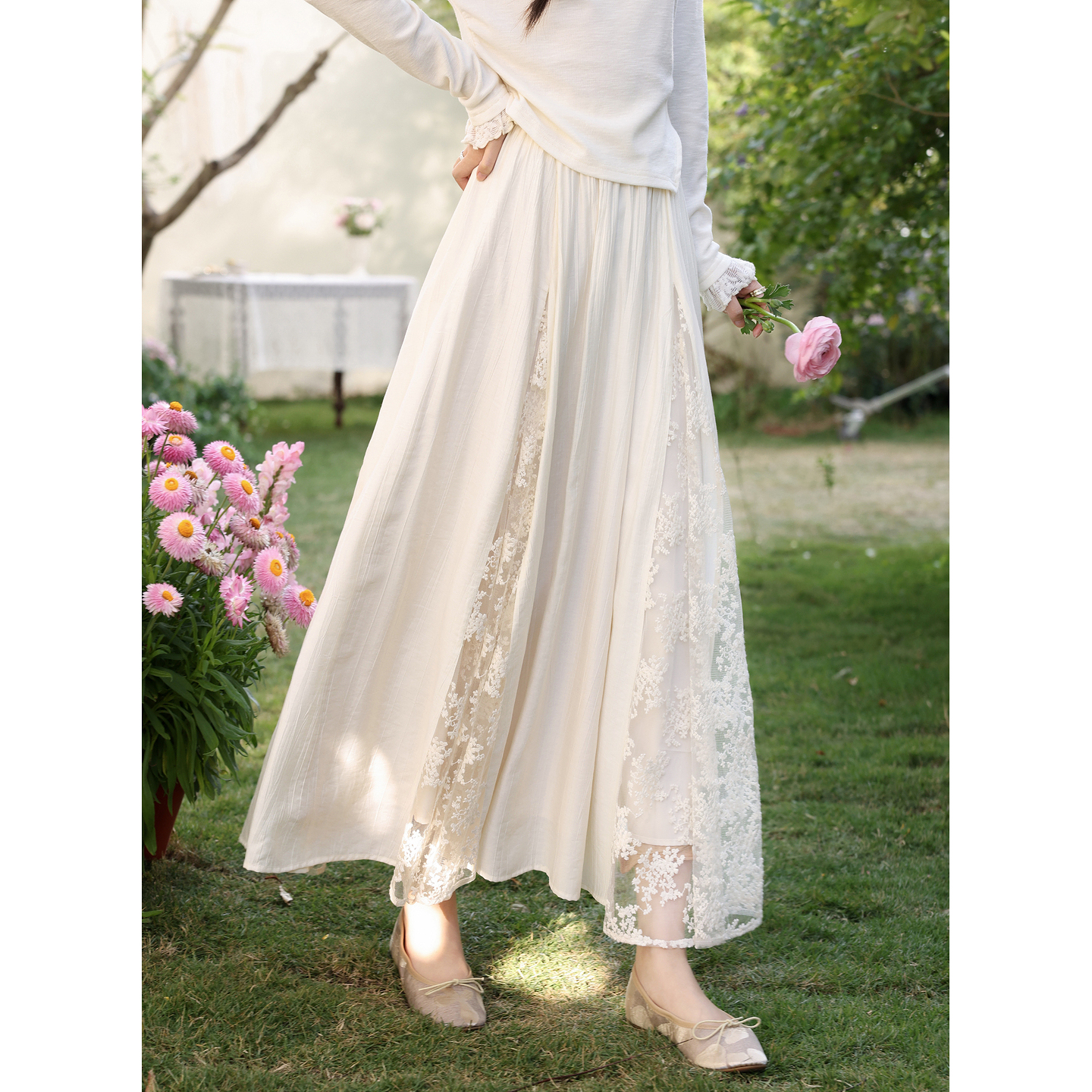 鹿向南「柔风漫摆」法式温柔白杏色A字半身裙女春季蕾丝长款纱裙