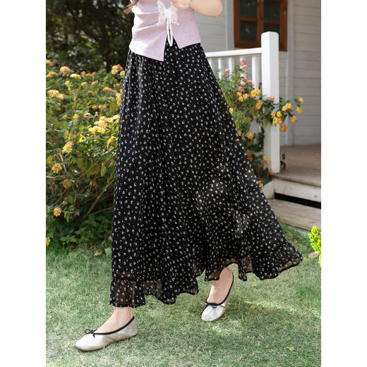 鹿向南「馥郁晚香」夏季新款黑色碎花半身裙女优雅气质A字中长裙 商品图0