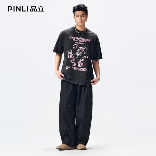 PINLI品立2026夏季新款男士圆领落肩字母印花短袖T恤上衣青年潮牌BG262111020 商品图1