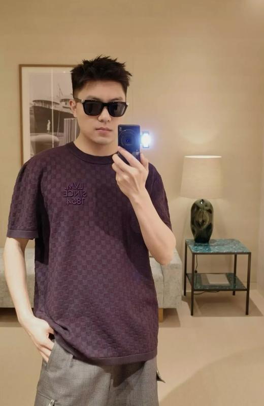 马户牌棋盘格提花圆领针织短袖T恤衫 商品图1