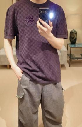 马户牌棋盘格提花圆领针织短袖T恤衫