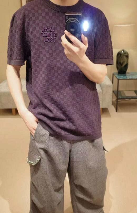 马户牌棋盘格提花圆领针织短袖T恤衫 商品图0