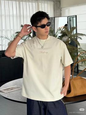 BUR26早春刺绣图藤绘画刺绣男女英伦风宽松版纯棉短袖T恤